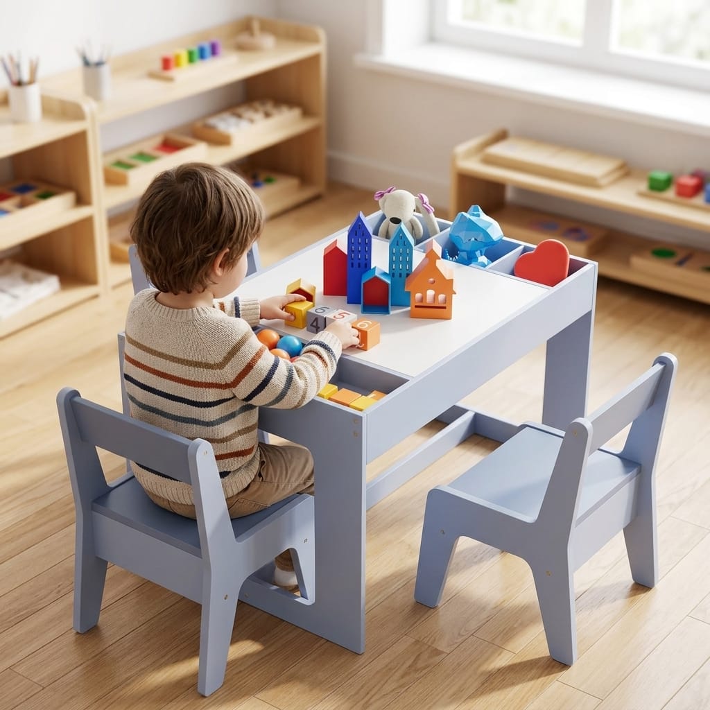 Cocon Montessori Petite Table Multifonction En Bois Avec Chaises Et Bacs De Rangement